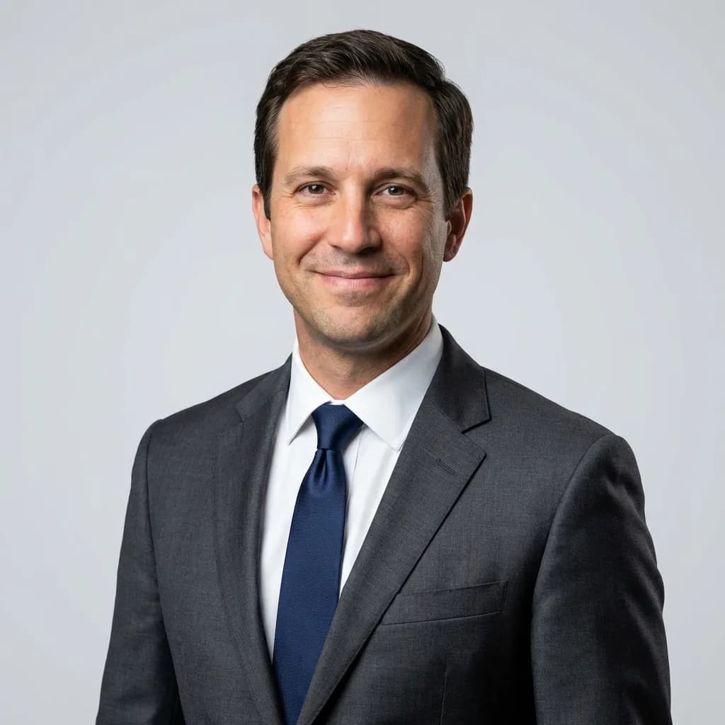 After photo: Professional AI-generated business headshot with studio lighting, perfect composition, and confident expression