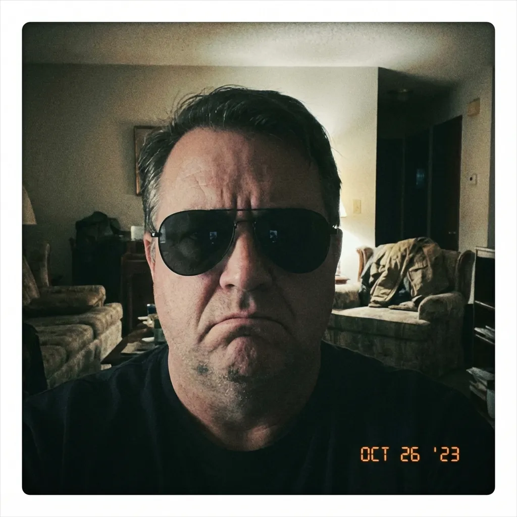 Poor dating app photo example showing blurry quality, poor lighting, unflattering angle, and casual unprofessional appearance that results in fewer matches