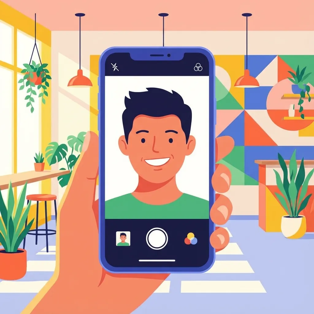 Person taking casual selfies with phone for dating app upload - showing various angles and expressions with good natural lighting