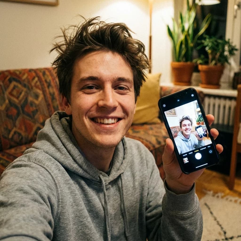 Person taking a selfie with good lighting for LinkedIn headshot upload - showing proper angle, lighting, and neutral expression
