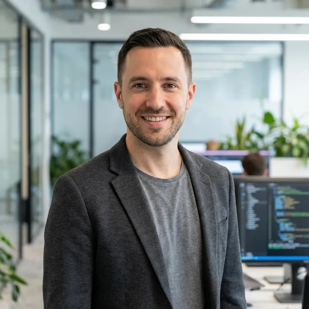 After: Professional tech-casual headshot with clean background, smart casual attire, confident expression perfect for software engineer