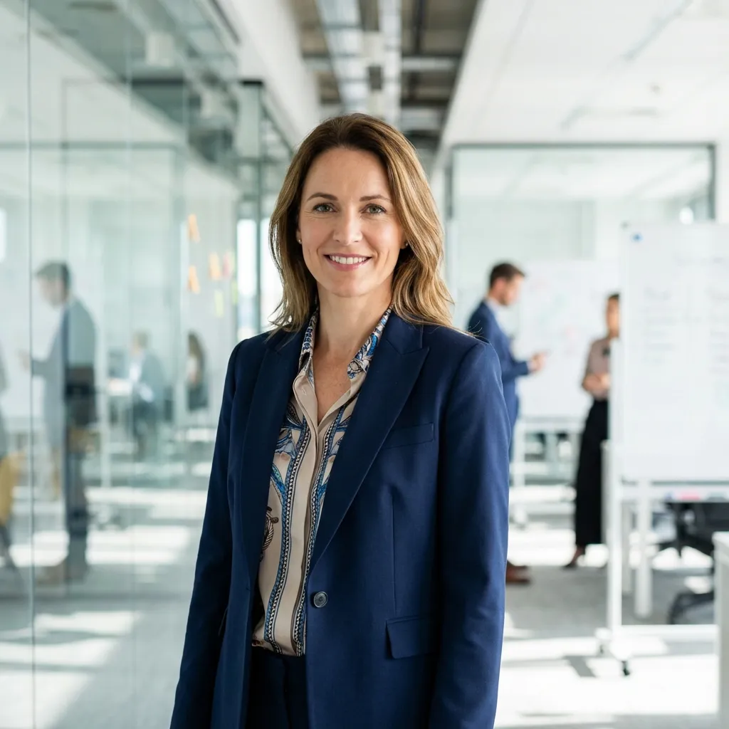After: Professional business-casual headshot with polished appearance, confident leadership expression suitable for product manager