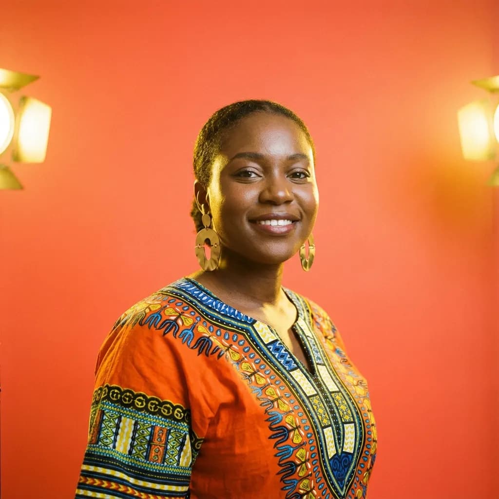 After: Professional creative headshot with vibrant lighting, artistic background, and confident creative expression