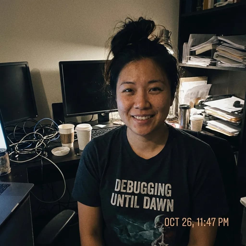 Before: Casual selfie with poor lighting, messy background, and relaxed expression unsuitable for professional tech industry