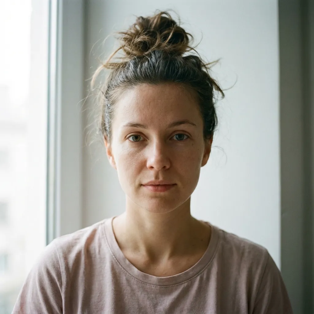 Casual selfie in dimly lit room before AI processing